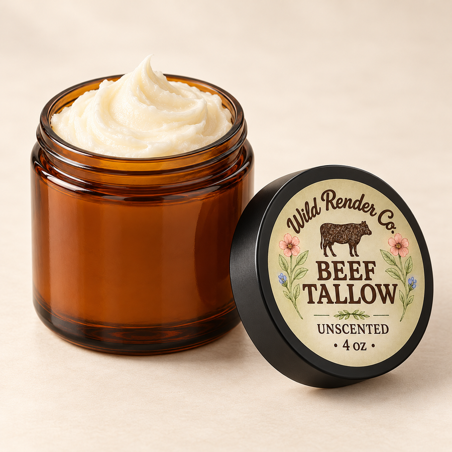 Wild Render Co. open amber jar with whipped tallow and labeled smooth lid