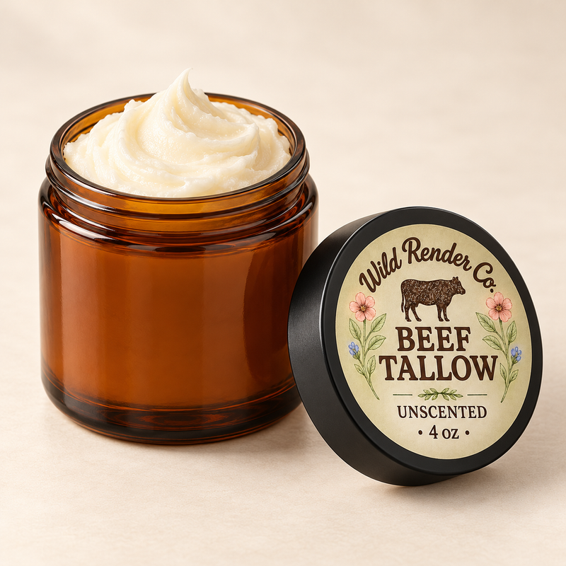 Whipped tallow body butter in an amber jar